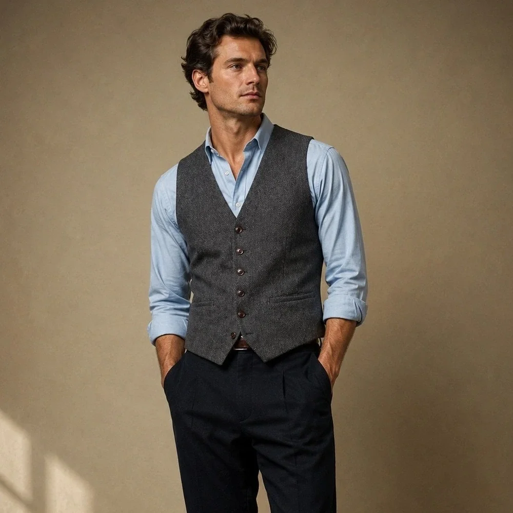 VOBOOM Vest Mens L Grey Wool Blend Herringbone Waistcoat Wedding Office Preppy